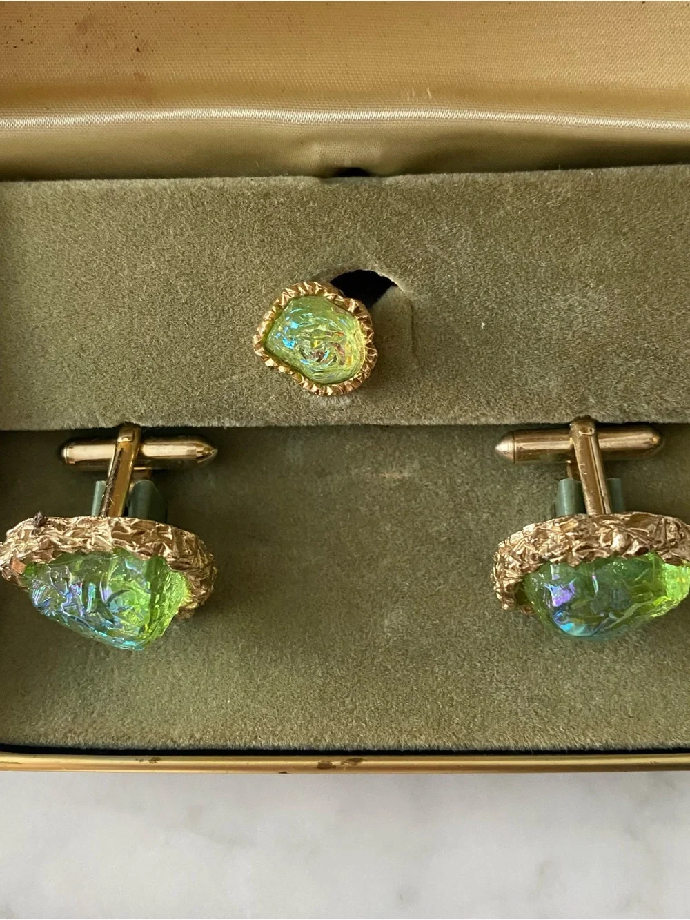 50’s Swank Cufflink And Tie Tack Set New In Box Gold Nugget Irridescent Stone